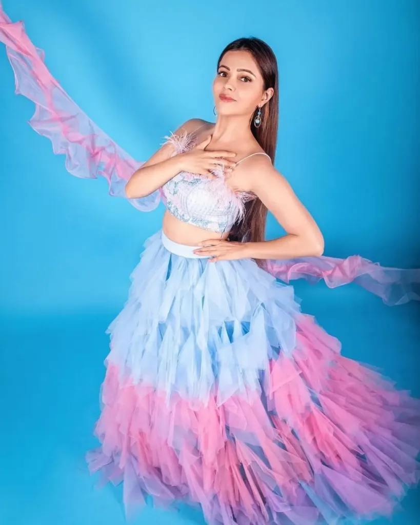 Rubina Dilaik dolled up in a pink and blue co-ord set which featured a multi-tiered ruffle tulle skirt 