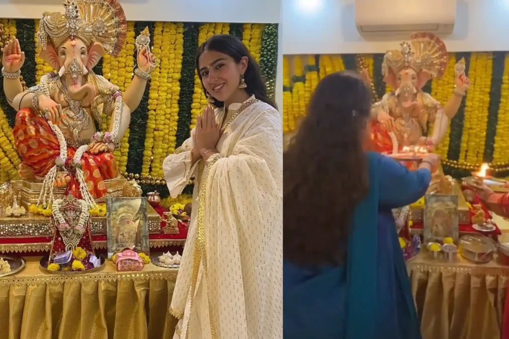 Sara Ali Khan with her mommy Amrita Singh praying to Lord Ganesh at home.