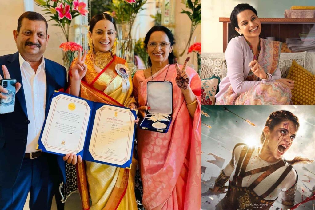 Kangana Ranauat with her Parents flaunting her 4th National Award for Pangaa and Manikarnika