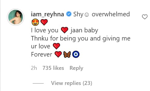 Reyhna Pandit comment on Zeeshan Khan Instagram post