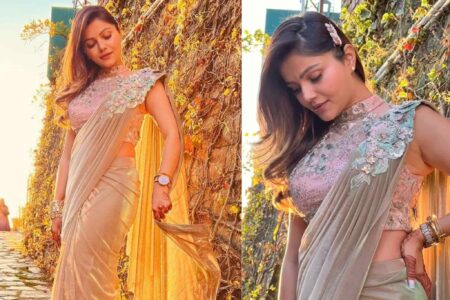 Rubina Dilaik Exudes Queenly Charm In Beige Shimmery Saree