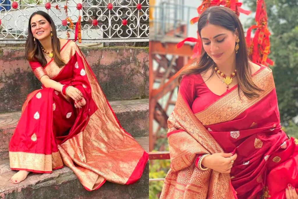 Shraddha Arya Looks Beautiful In A Vibrant Red Banarasi Saree As She Visits A Maa Sharda Temple