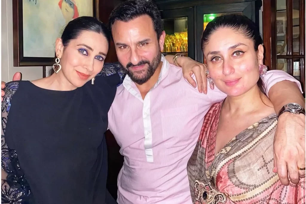 Kareena Kapoor Khan and Karisma Kapoor with Saif Ali Khan